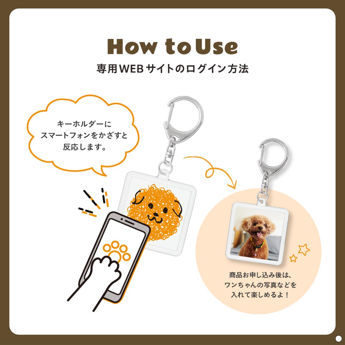 専用Webサイトのログイン方法　キーホルダーをスマートフォンにかざすと反応します。