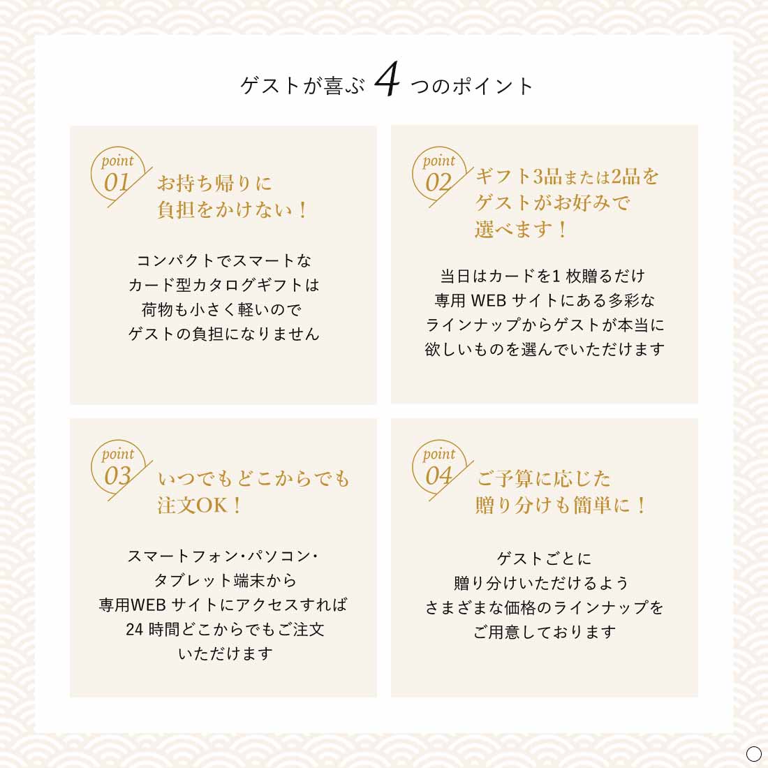 ゲストが喜ぶ4つのポイント　お持ち帰りに負担をかけない！ギフト2品をゲストがお好みで選べます！いつでもどこからでも注文OK！ご予算に応じた贈り分けも簡単に！