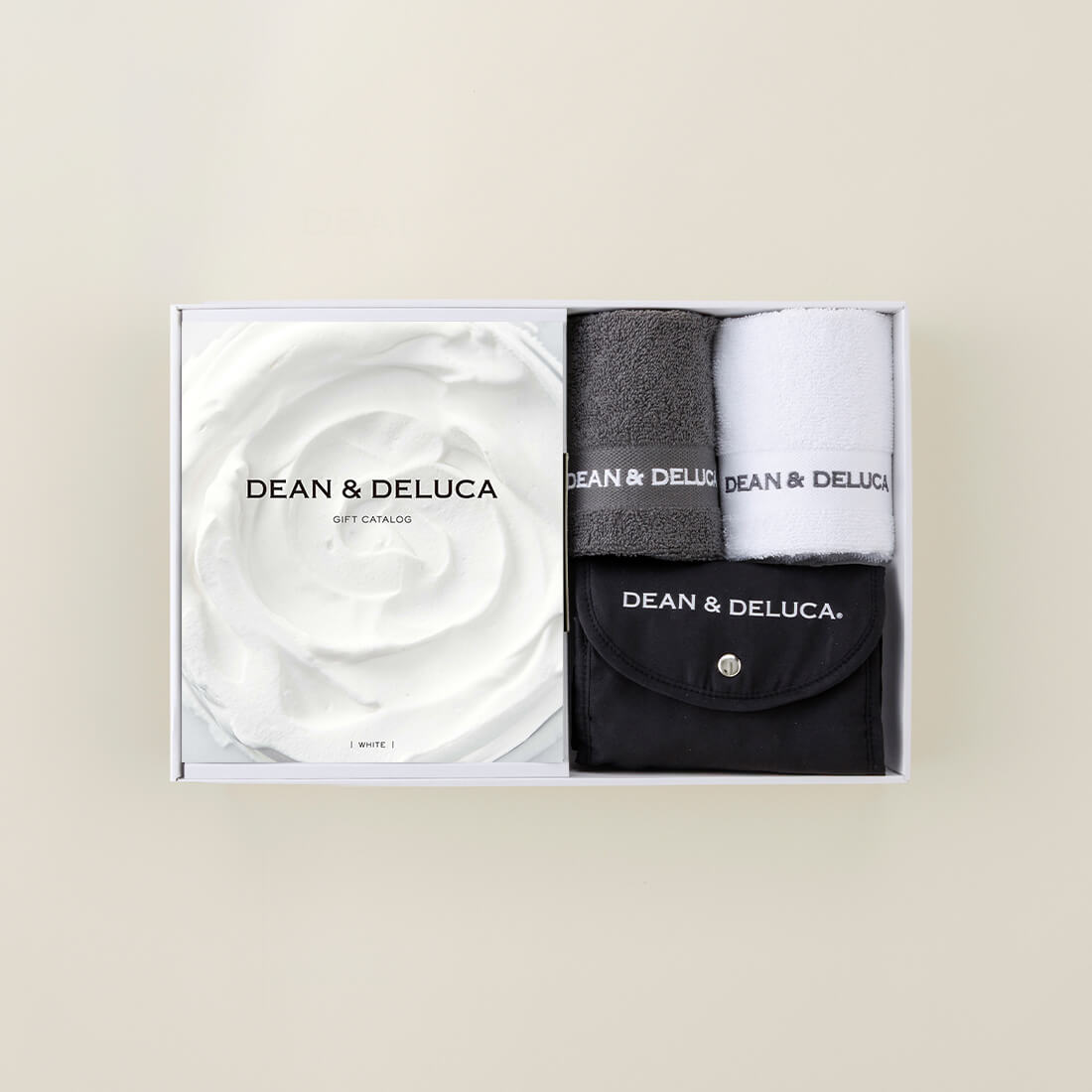 DEAN & DELUCA ギフトカタログ(ブックタイプ)＜WHITE-BC(ホワイト-BC)＞+ハンドタオル・ショッピングバッグ（ブラック）セット