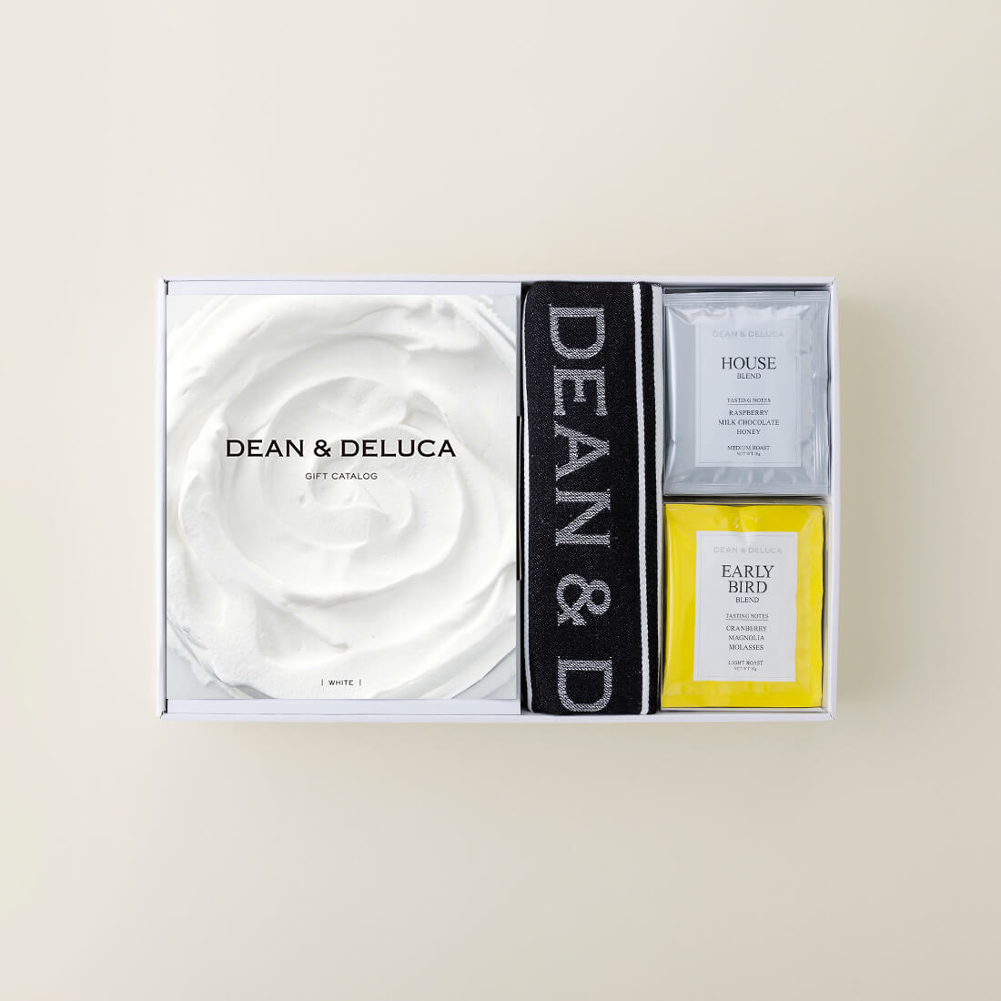 DEAN & DELUCA ギフトカタログ(ブックタイプ) ＜WHITE-BC(ホワイト-BC)＞+ハンドタオル・ショッピングバッグ（ブラック）セット