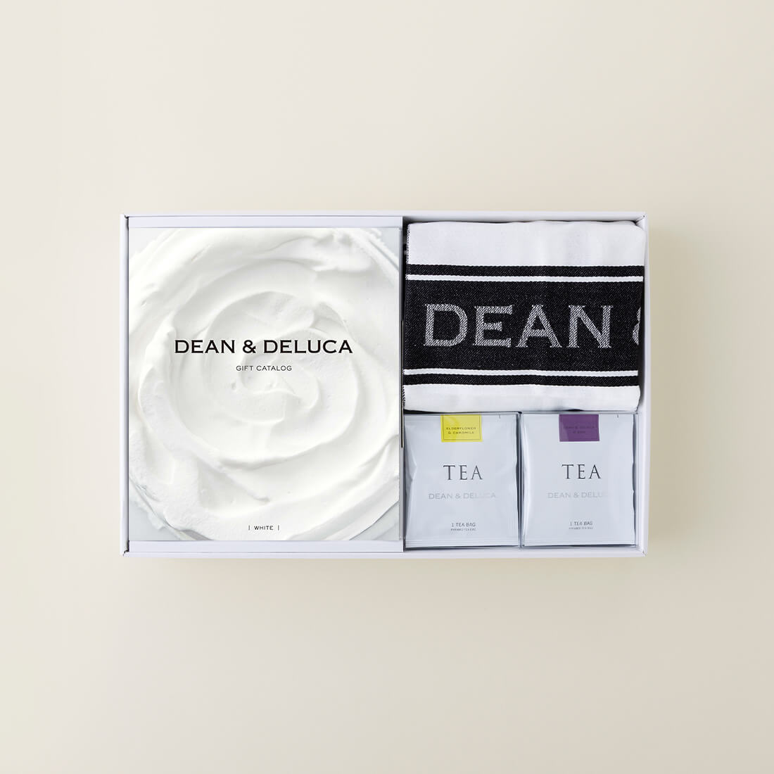 DEAN & DELUCA ギフトカタログ(ブックタイプ) ＜WHITE-BC(ホワイト-BC)＞+ハンドタオル・ショッピングバッグ（ブラック）セット