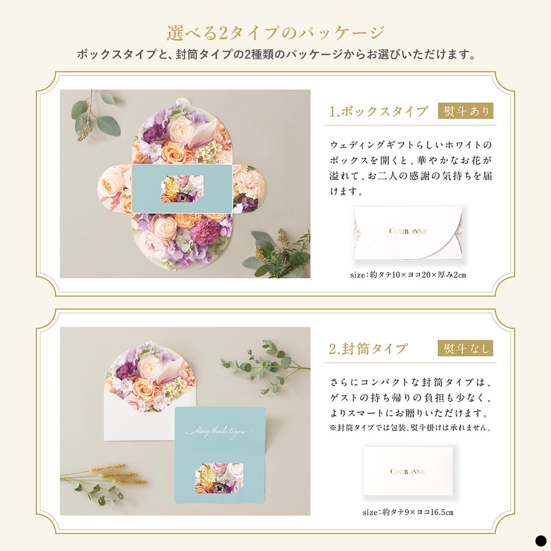 選べる2タイプのパッケージ　1 ボックスタイプ（熨斗あり）　2 封筒タイプ（熨斗なし）
