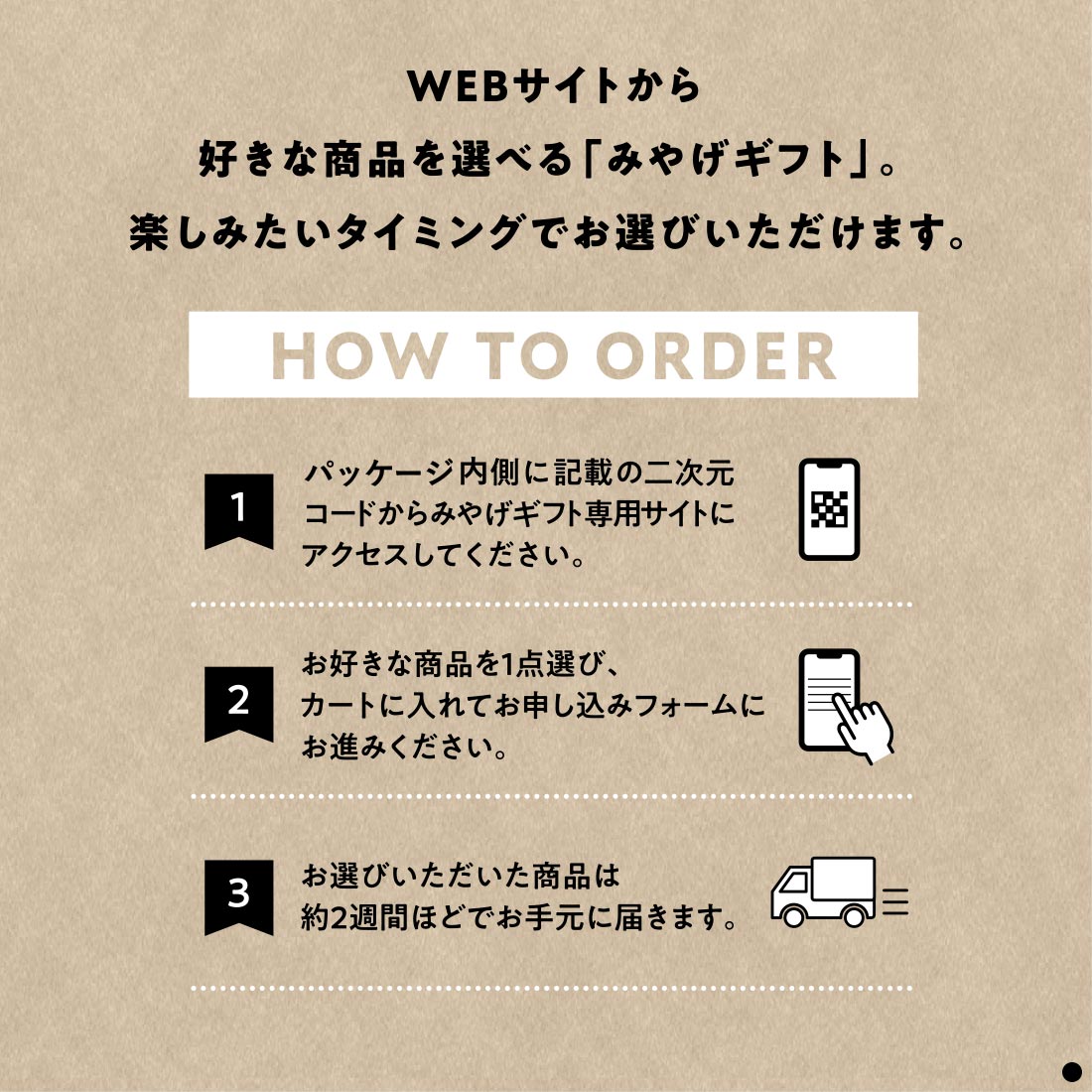 ウェブサイトから好きな商品を選べる「みやげギフト」。楽しみたいタイミングでお選びいただけます。　1.パッケージ内側に記載の二次元コードからみやげギフト専用サイトにアクセスしてください。　2.お好きな商品を1点選び、カートに入れてお申し込みフォームにお進みください。　3.お選びいただいた商品は約2週間ほどでお手元に届きます。