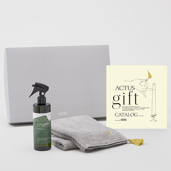 ACTUS(アクタス) ギフトカタログ ＜HIKARI(光)＞+ルームスプレー・フェイスタオル（グレー）セット